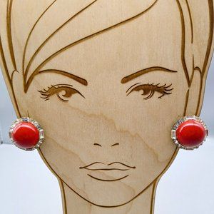 Vintage Crystal Halo Button Earrings, Bright Cherry Red Lucite, Clip On Baguette